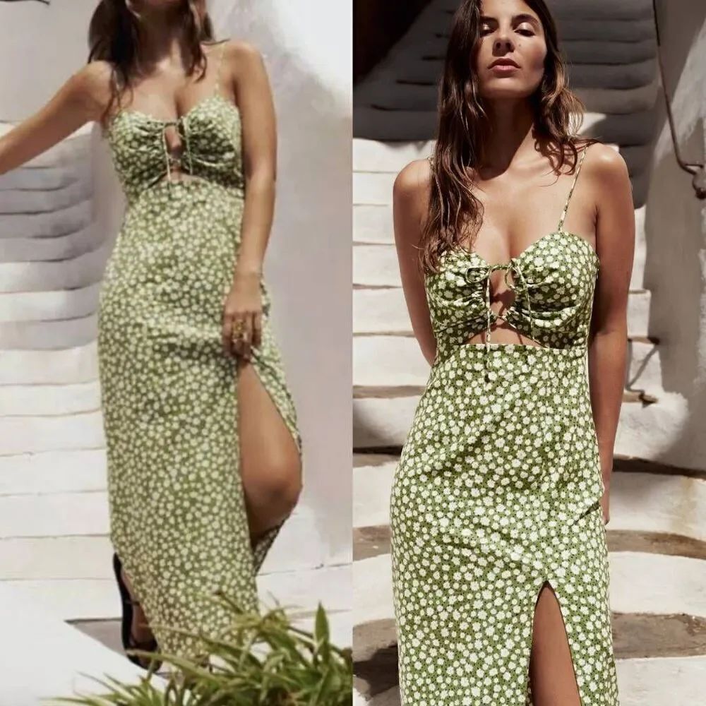 ZARA Women's Green Floral Halter Dress Sexy Sleeveless Backless Hollow Split Lon